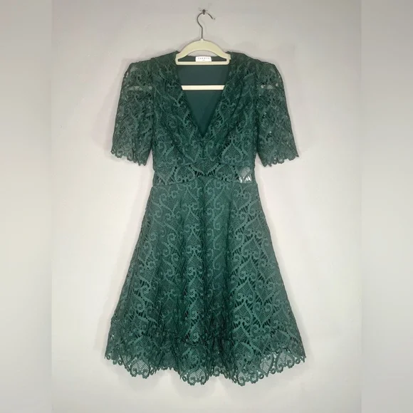 Sandro Hearty Lace Fit & Flare Short Sleeve Cocktail Mini Dress Size XS Emerald - Picture 2 of 11